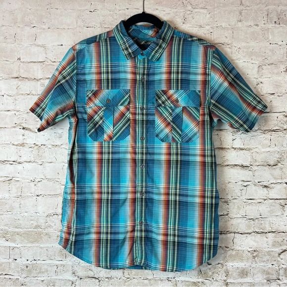 prAna Men's Medium Ostend Short Sleeve Button Down Shirt Plaid Blue Teal Orange - Picture 2 of 7